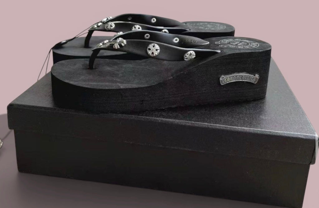 Black Chrome Heart Sandals