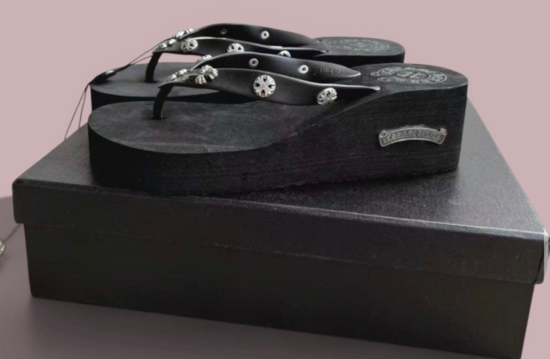 Black Chrome Heart Sandals